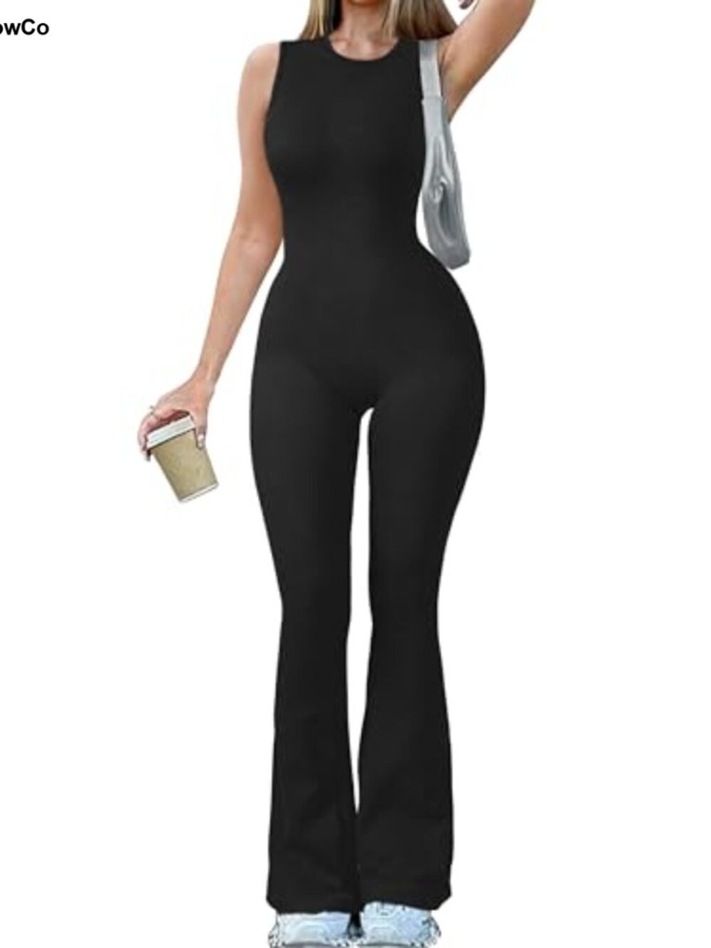 Ribbed Sleeveless Flare Jumpsuit Yoga Crew Neck One Piece